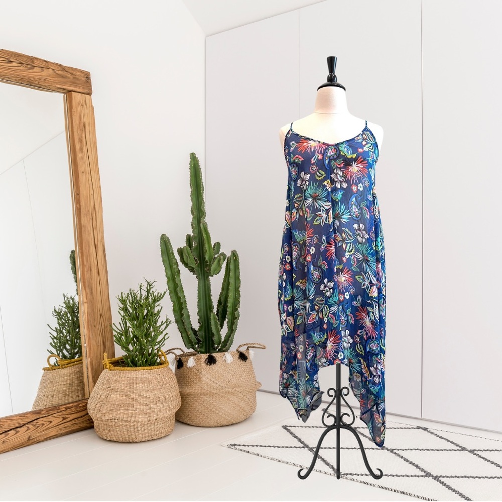 Into the Bleu Sheer Floral Paisley Hankerchief Hem Swim Cover Dress